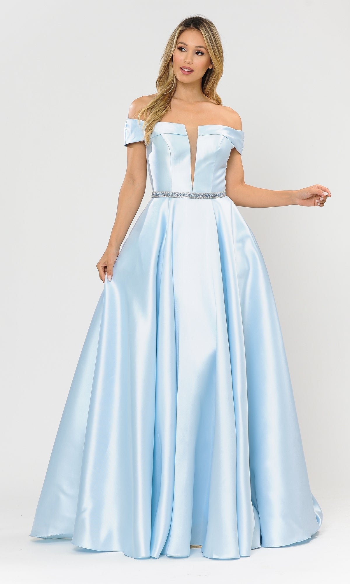 A woman wearing the Plunging V-Neck Long Mikado Prom Ball Gown 8680 in blue, featuring an off-the-shoulder design, fitted bodice, deep V neckline, and full skirt that exudes elegant formal style.